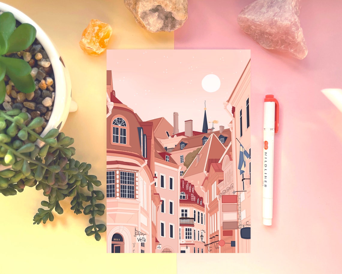 Tallinn Estonia Old Town Street Daytime Pastel Sky View Art Print - Image 2