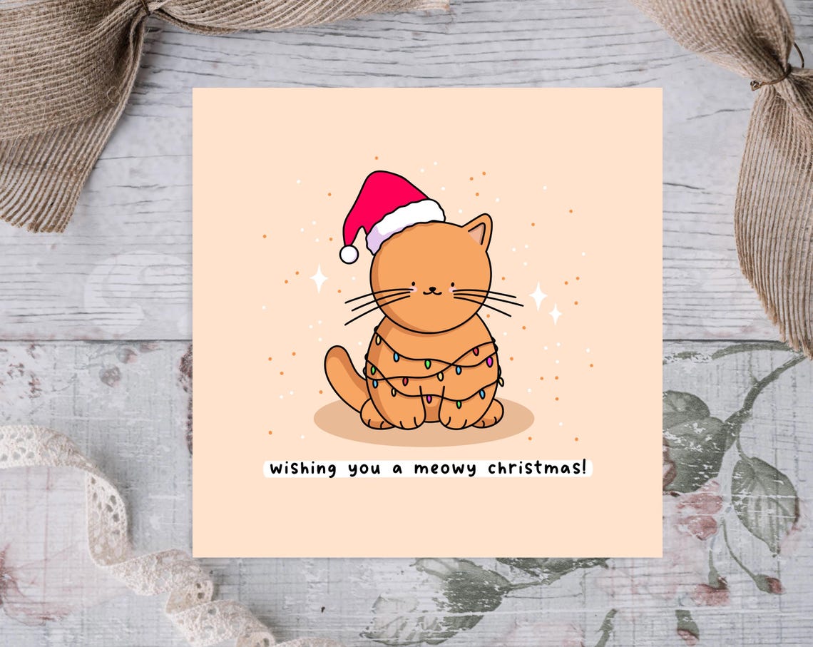 Kawaii Meowy Christmas Ginger Cat Santa Hat Fairy Lights Print - Image 2