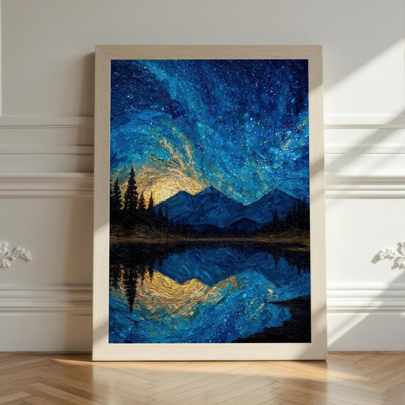 Starry Night Sky Over Mountain Lake Textured Impasto Style Poster