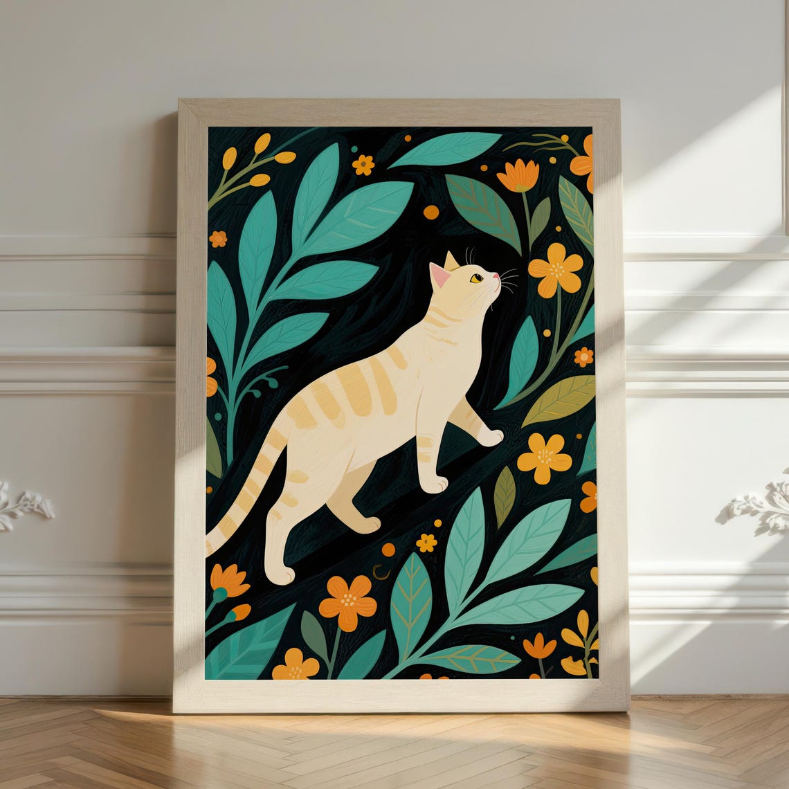 Cream Cat Wandering Through a Botanical Floral Garden Poster