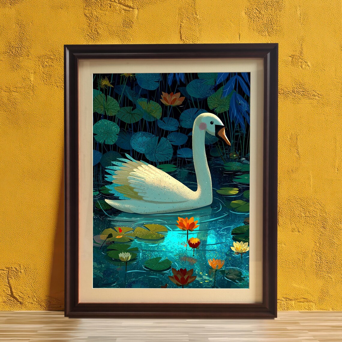White Swan on Night Pond With Glowing Water Lilies Art Poster
