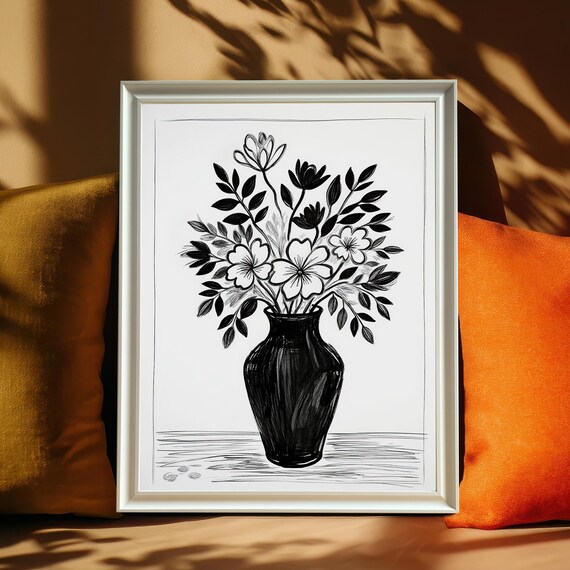 Black And White Floral Illustration Sketch Print Framed Botanical Wall Decor