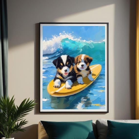 Adorable Surfing Puppies Art Cute Dog Wall Decor Ocean Waves Surfboard Illustration Instant