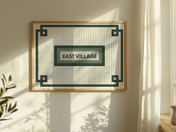 East Village NYC Subway Mosaic Tile Sign Green White Retro Poster