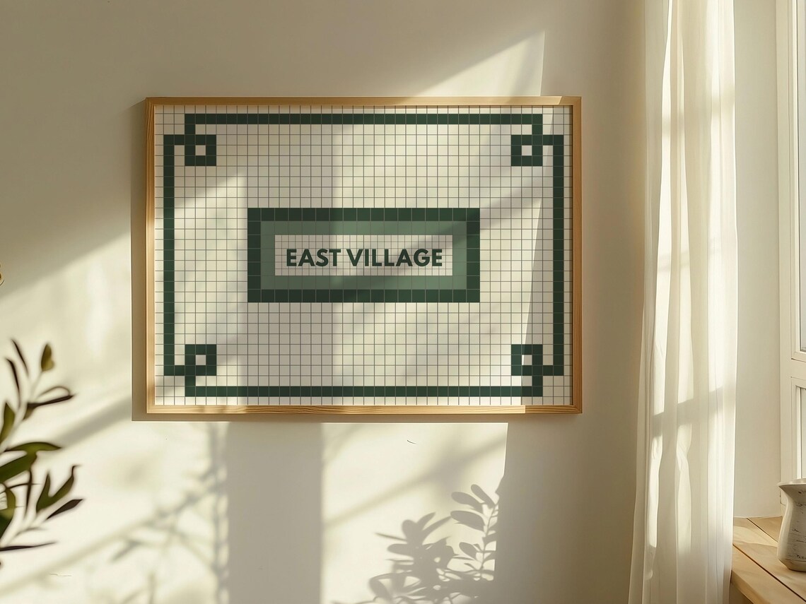 East Village NYC Subway Mosaic Tile Sign Green White Retro Poster
