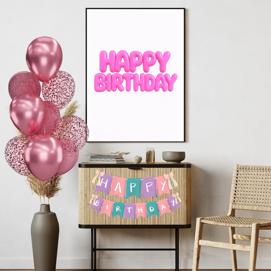 Pink Happy Birthday Balloon Letters Feminine Party Decor Poster