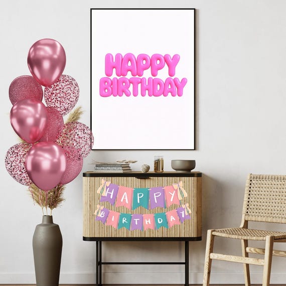 Happy Birthday Wall Art Pink Balloon Letters Feminine Party Decor Poster Gift For Her