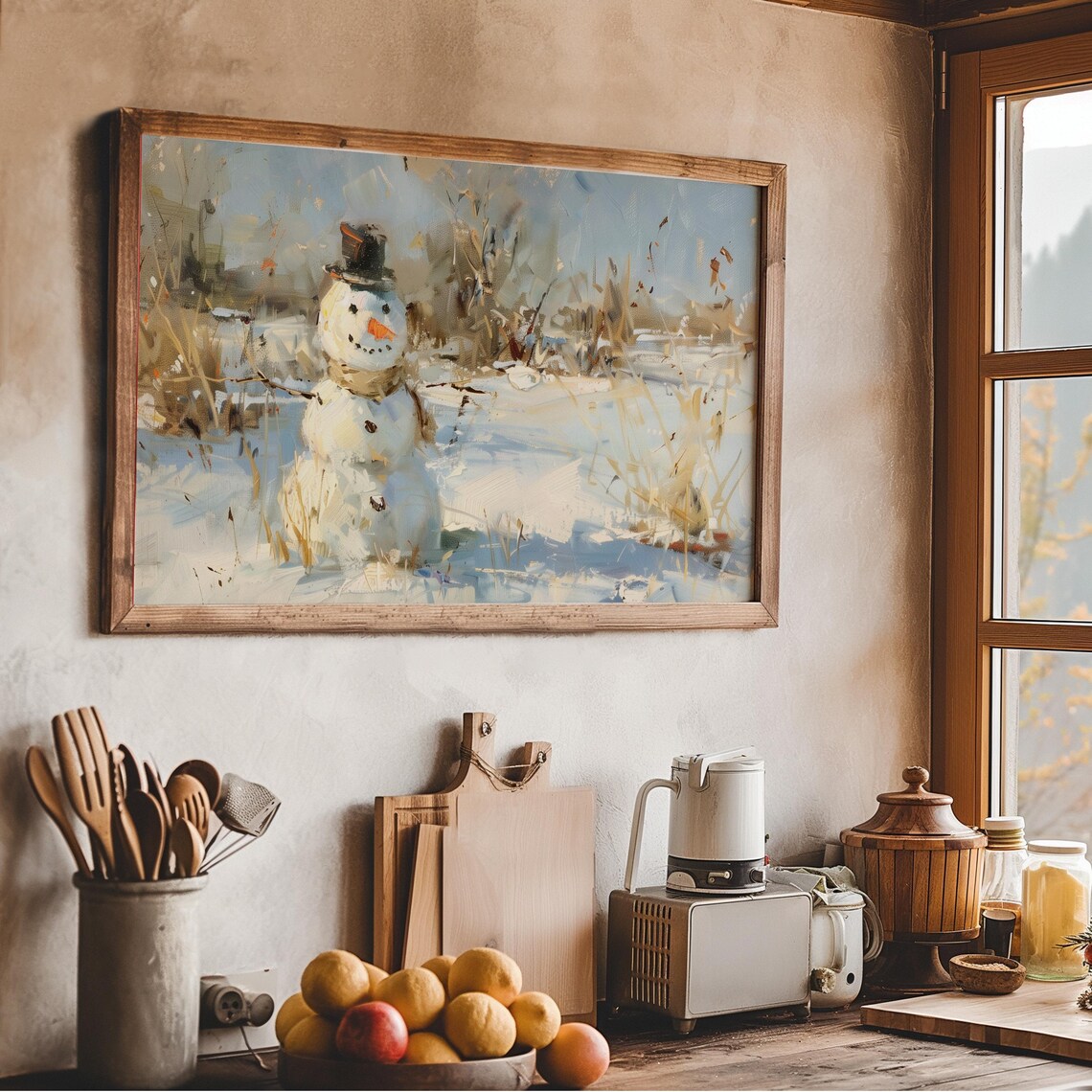 Impressionist Snowman Snowy Meadow Winter Oil Painting Wall Art - Image 2