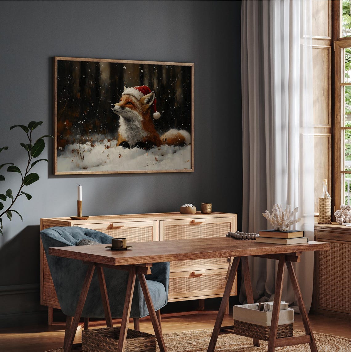 Sleepy Fox Santa Hat Snowy Night Forest Winter Christmas Print - Image 3