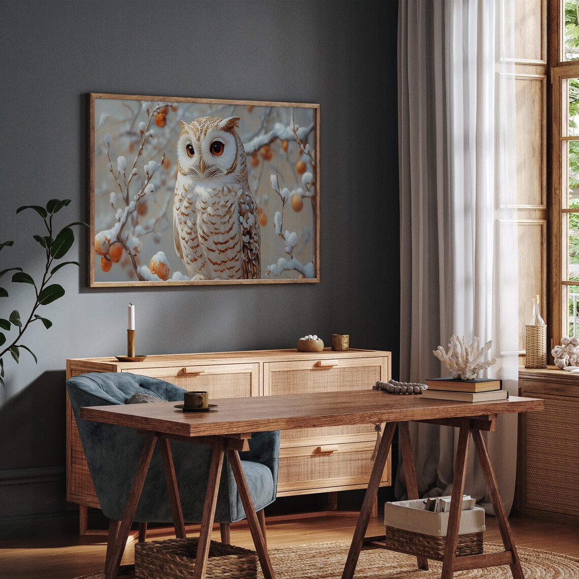 Beautiful Speckled Owl Snowy Branch Orange Berries Wildlife Print - Image 2