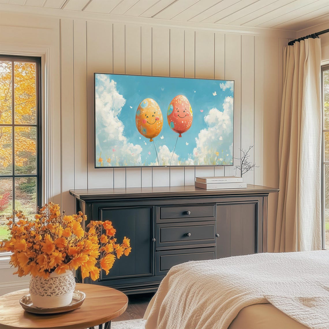 Smiling Easter Egg Balloons Floating In Bright Blue Sky Wall Art - Image 3