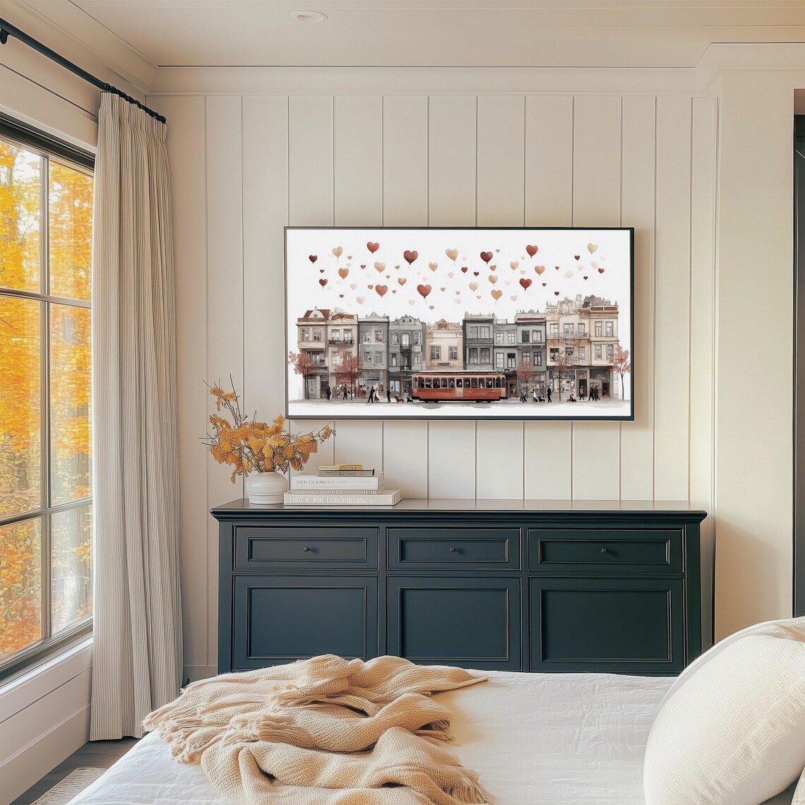 Red Vintage Tram On European Street With Heart Balloons Art Print - Image 3