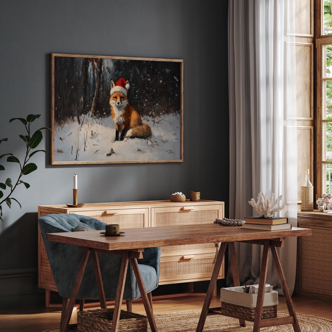 Red Fox Santa Hat Snowy Winter Forest Christmas Animal Wall Art - Image 2