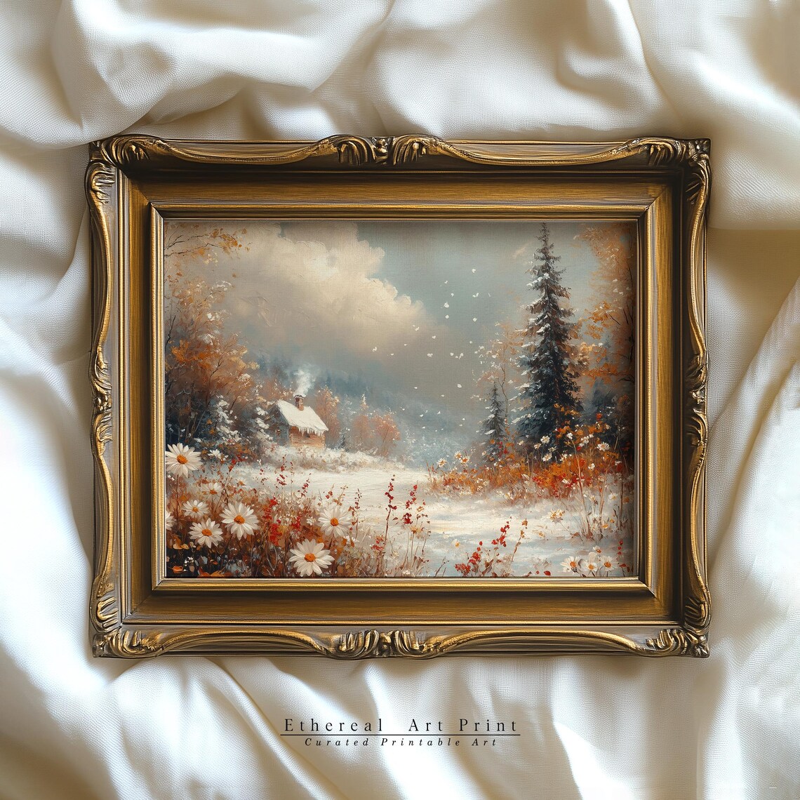 Snowy Cabin In The Woods With Wildflowers Rustic Winter Art Print - Image 3