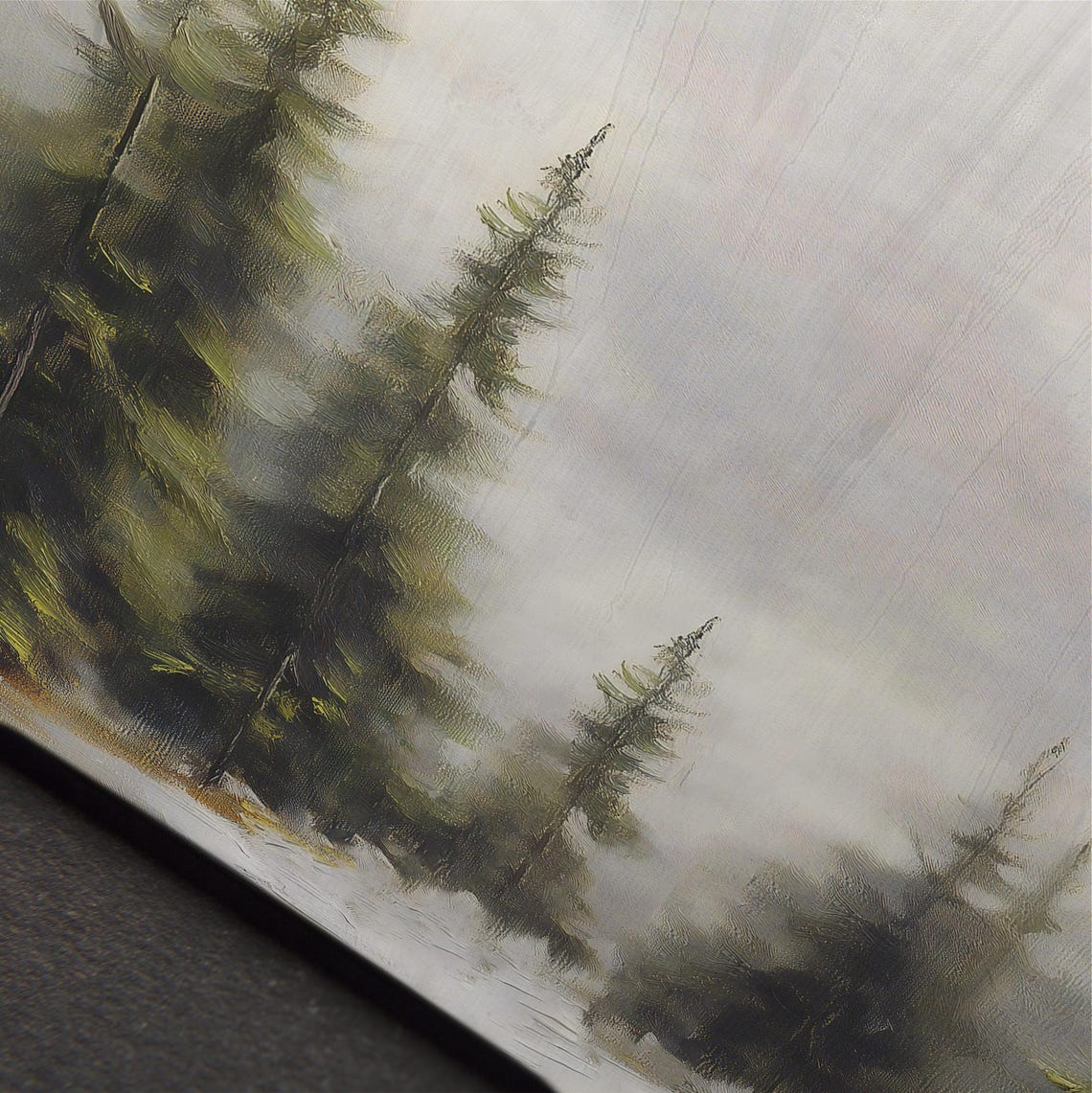 Misty Evergreen Pines Snowy Quiet Winter Forest Painting Wall Art - Image 4
