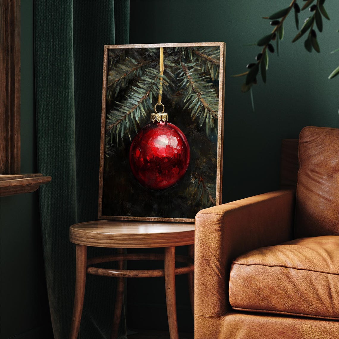Red Christmas Ornament On Gold Ribbon Pine Branch Oil Art Print - Image 2