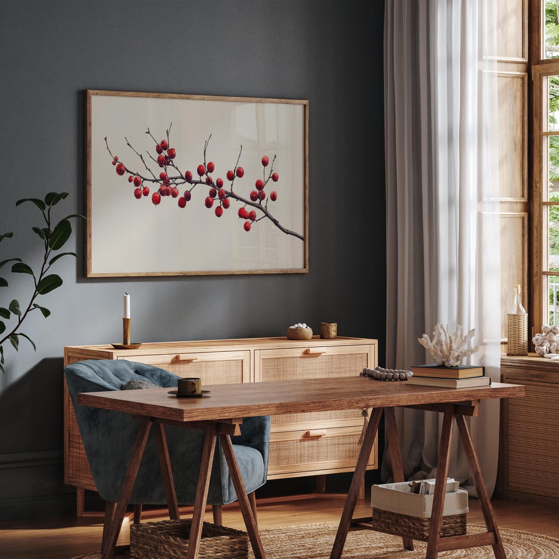 Red Berry Branch Minimalist Botanical Winter Painting Wall Art - Image 4