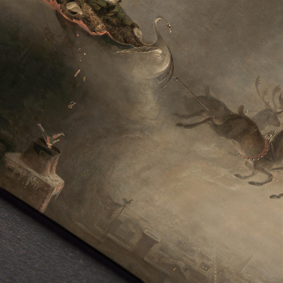 Vintage Santa Sleigh And Reindeer Flying Over Moonlit Town Print - Image 4