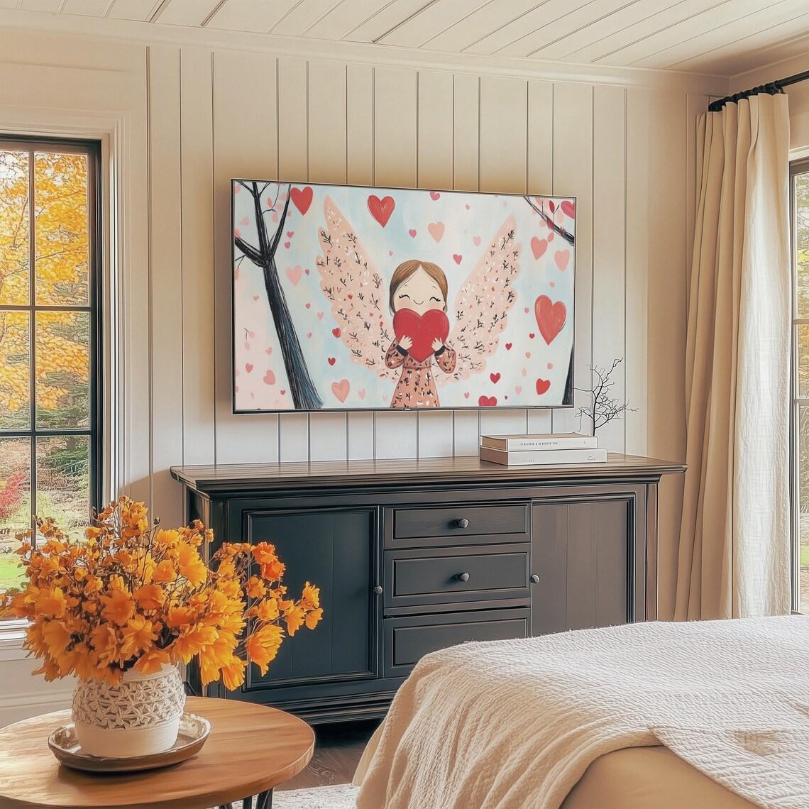 Sweet Angel Girl With Blossom Wings Holding Red Heart Art Print - Image 3
