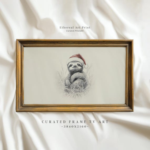 Vintage Sloth With Santa Hat Sketch Frame Tv Art Neutral Christmas Nursery Holiday Decor Winter Frame Tv Cute Baby Sloth Drawing