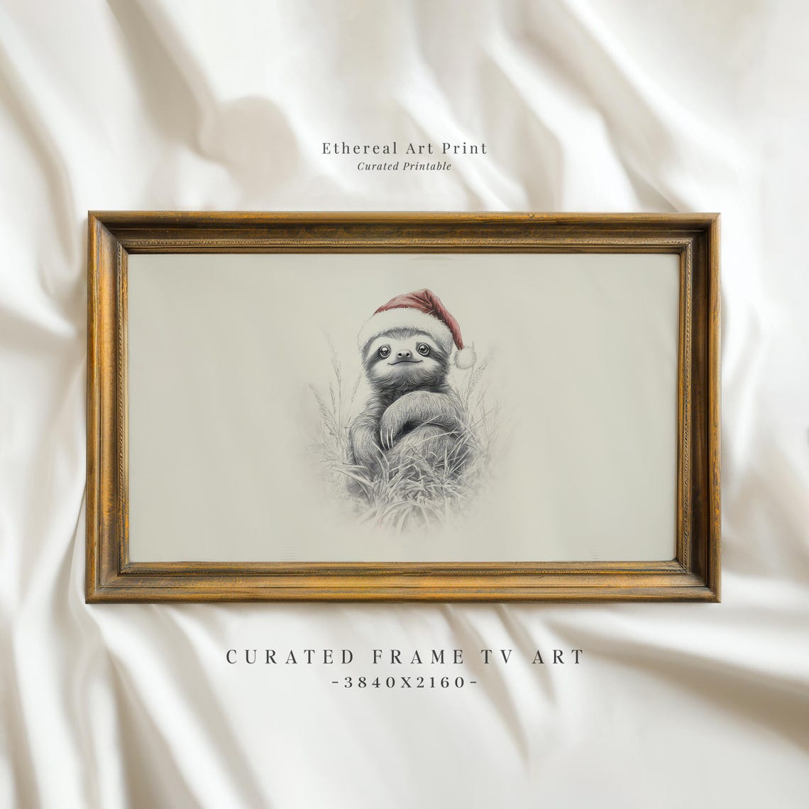 Vintage Sloth With Santa Hat Sketch Frame Tv Art Neutral Christmas Nursery Holiday Decor Winter Frame Tv Cute Baby Sloth Drawing