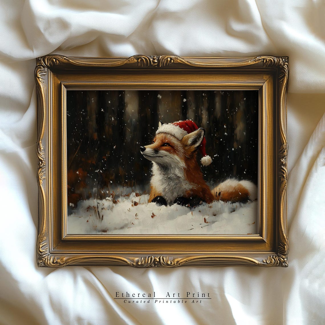 Sleepy Fox Santa Hat Snowy Night Forest Winter Christmas Print - Image 2