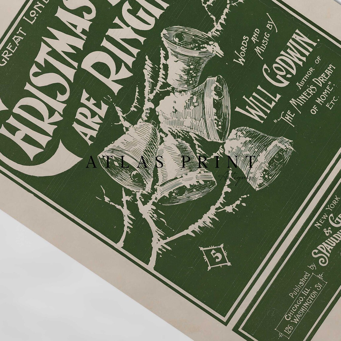 Vintage Christmas Bells Sheet Music Cover Poster Retro Green Print - Image 4