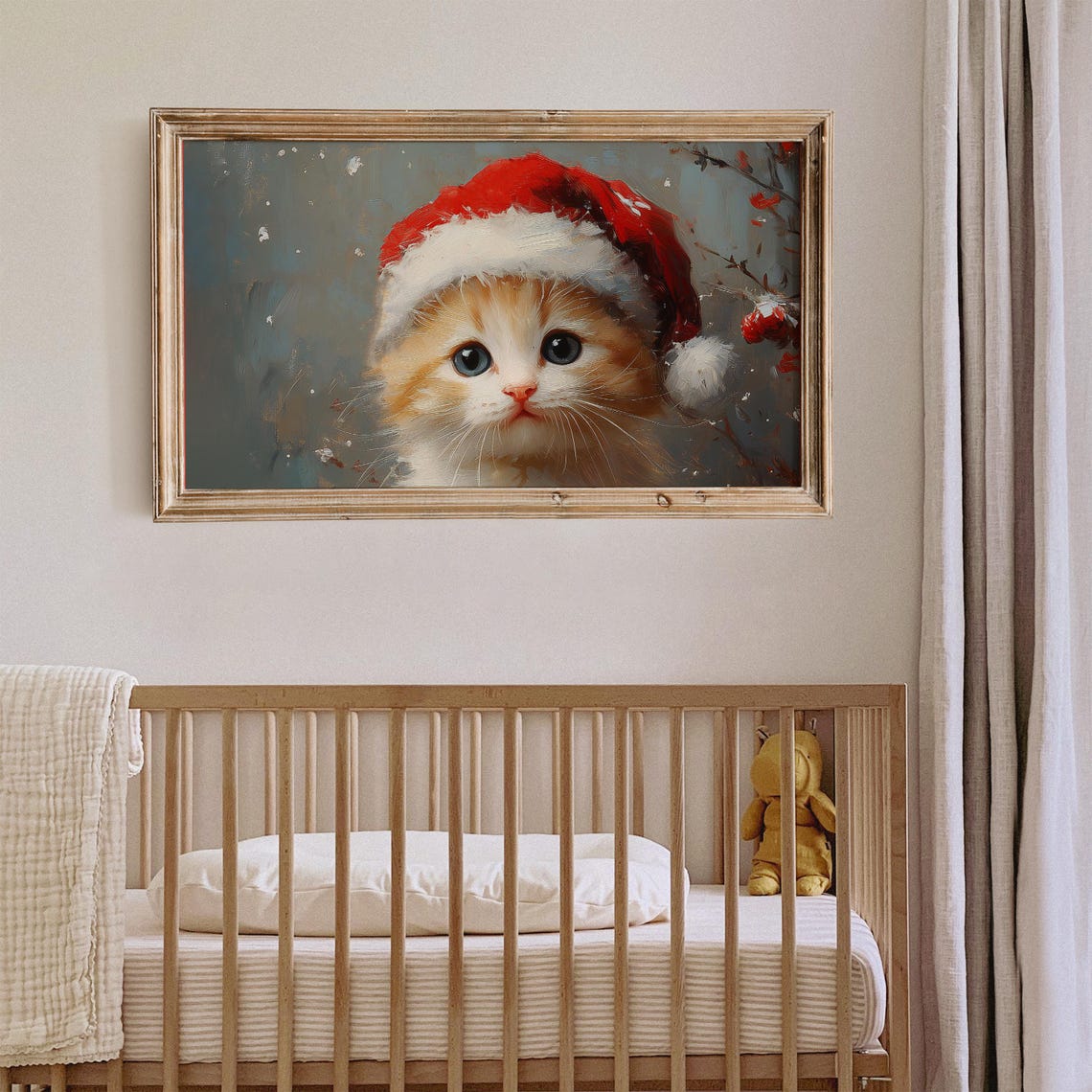 Cute Ginger Kitten Santa Hat Snowy Christmas Portrait Wall Art - Image 4