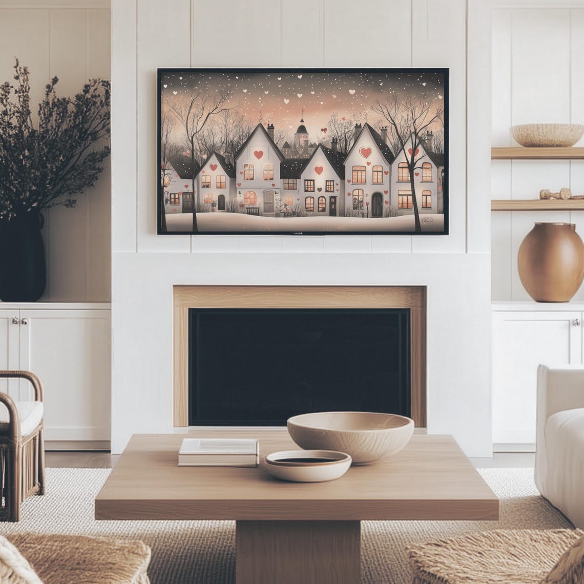 Snowy Cottage Street At Night With Falling Hearts Romance Wall Art - Image 3