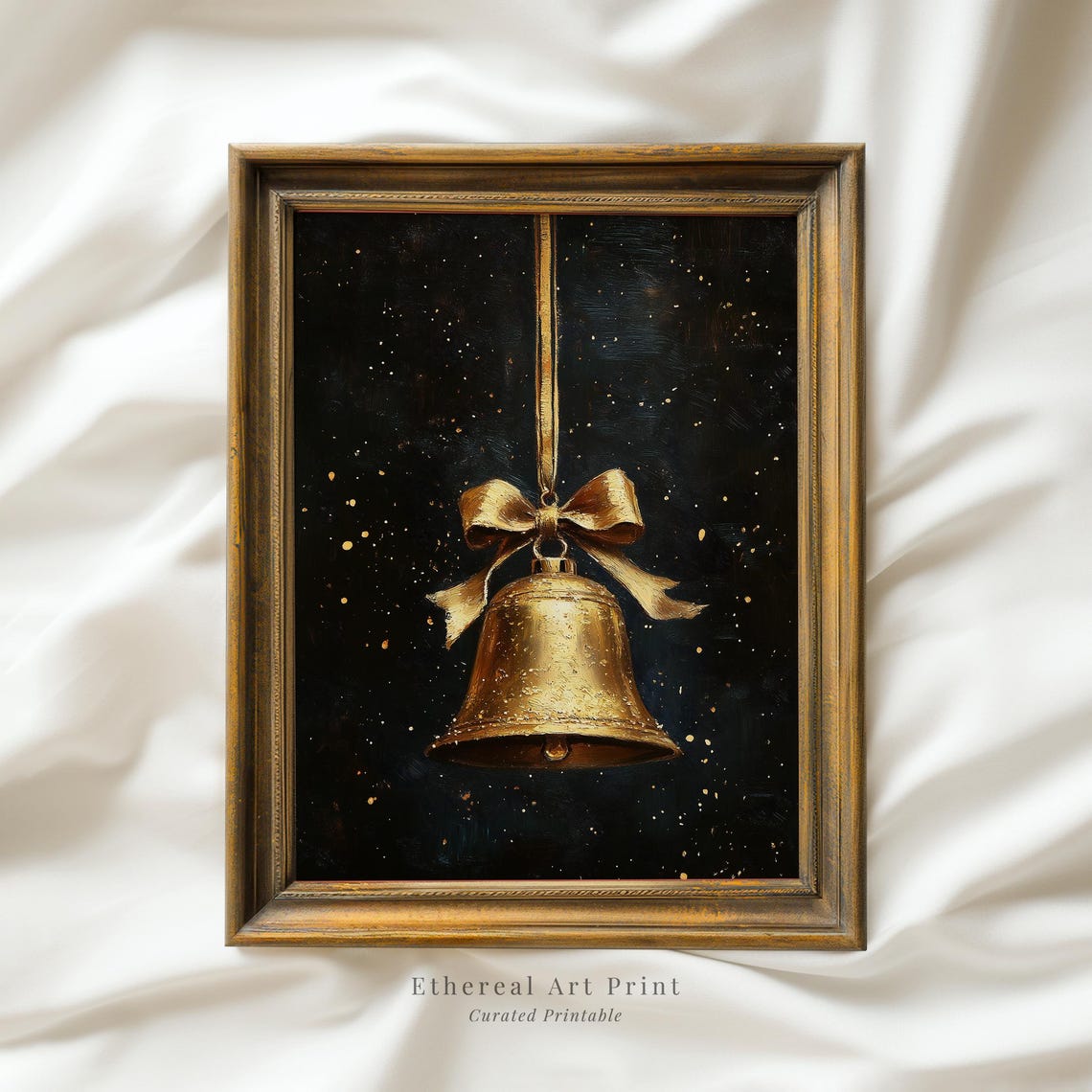 Antique Gold Christmas Bell With Bow Dark Moody Holiday Art Print