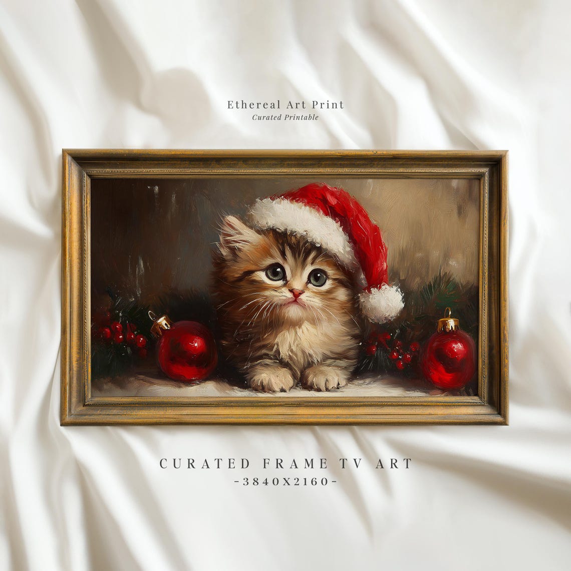 Cute Kitten In Santa Hat Painting Frame Tv Art Nursery Christmas Decor Vintage Baby Cat Oil Painting Frame Tv Xmas Screensaver