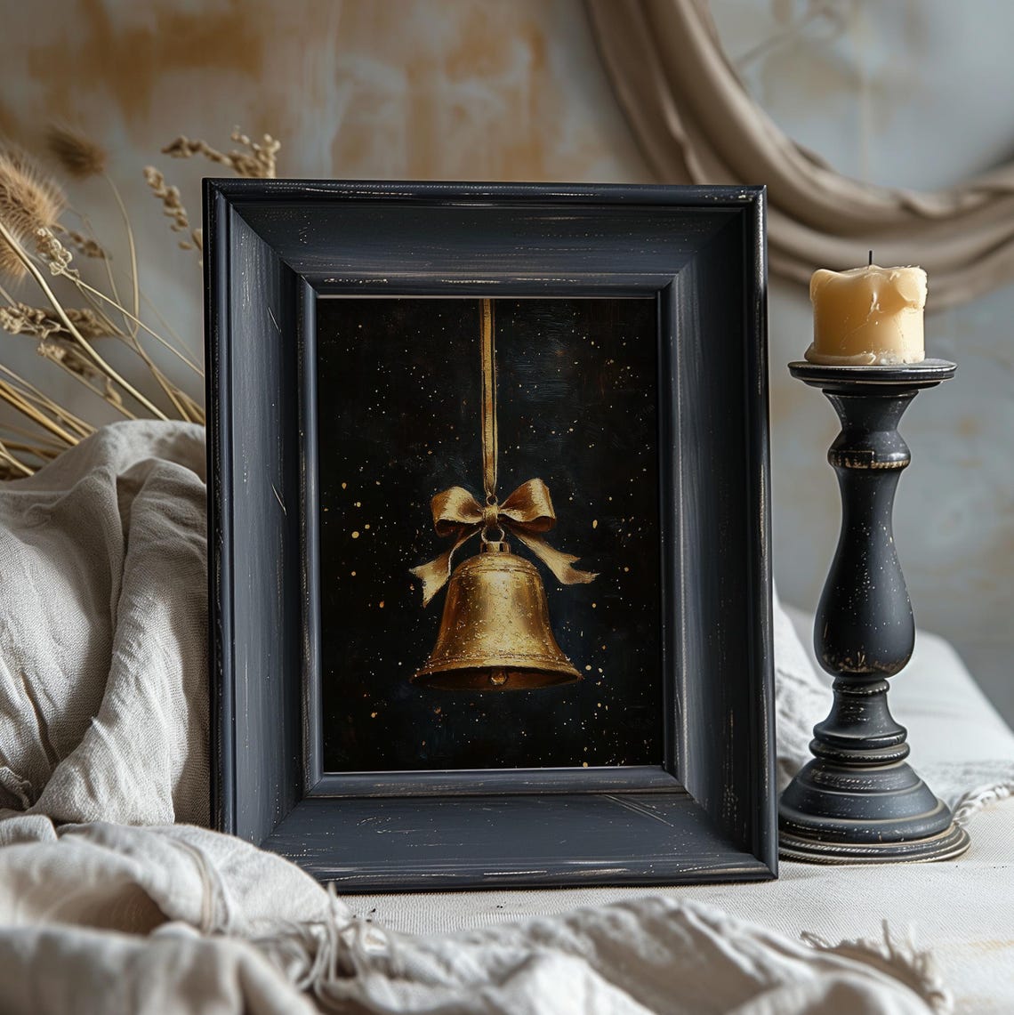 Antique Gold Christmas Bell With Bow Dark Moody Holiday Art Print - Image 2