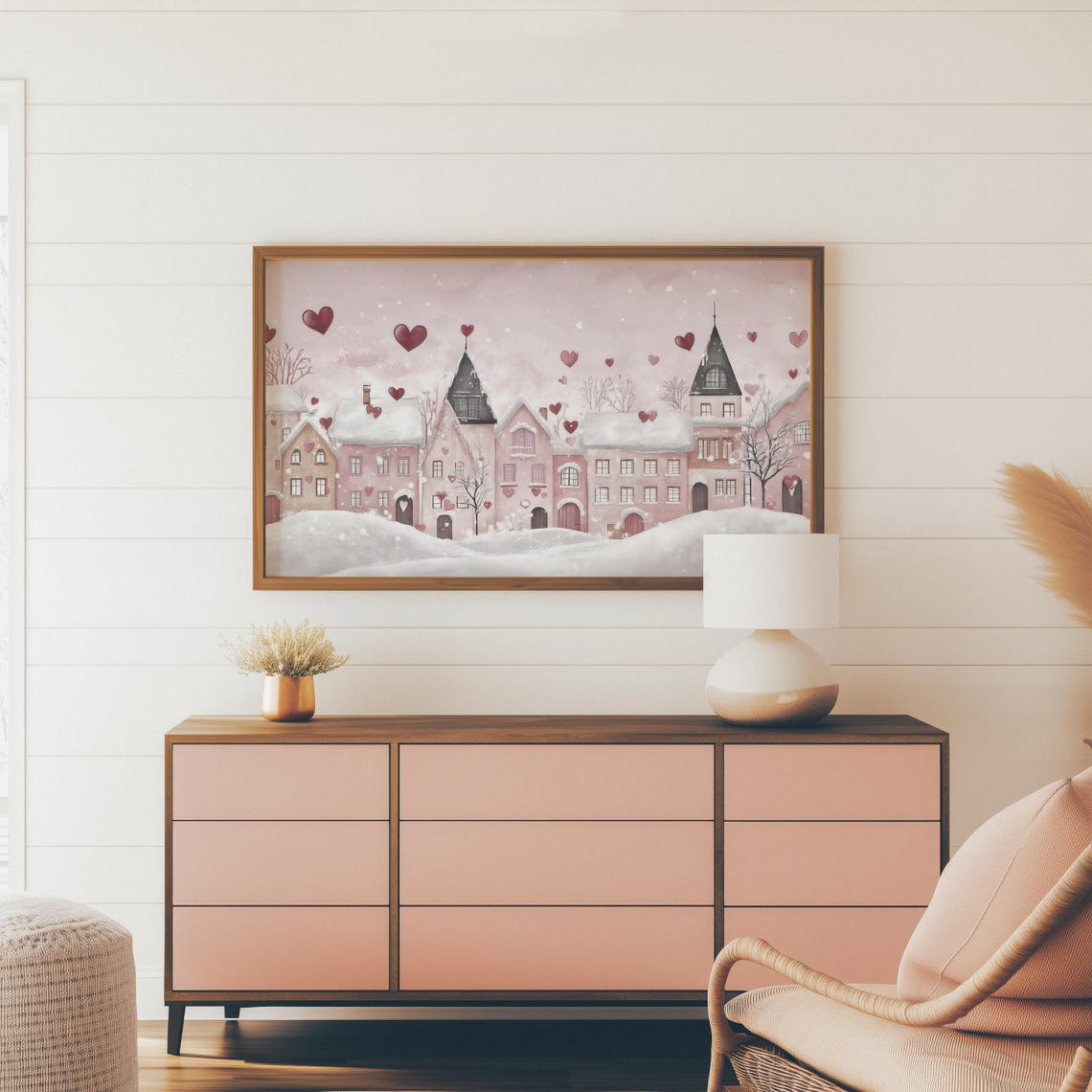Pink Snowy Village Hearts Romantic Valentines Day Tv Art Print - Image 3