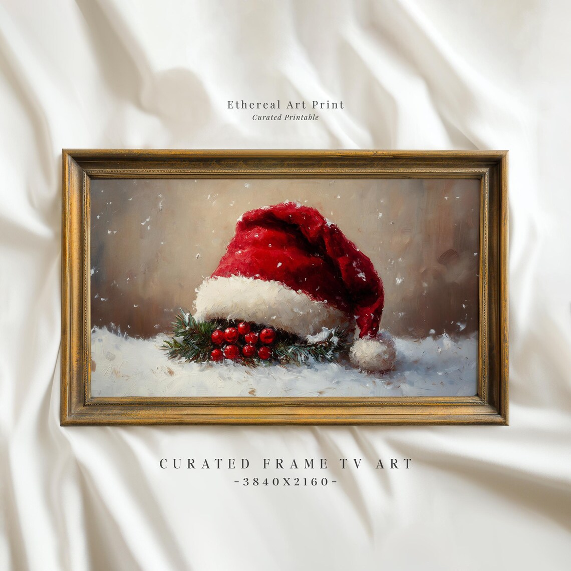 Santa Hat In Snow With Red Berries Christmas Painting Wall Art