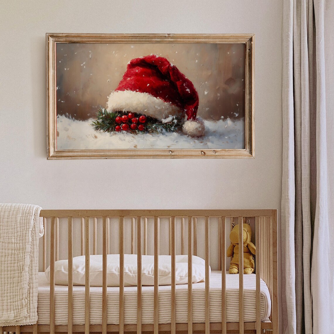 Santa Hat In Snow With Red Berries Christmas Painting Wall Art - Image 4