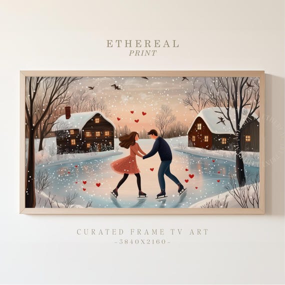 Cute Couple Skating Painting Frame Tv Art Valentines Day Tv Art Romantic Love Screensaver Whimsical Lover Couple Skating Decor