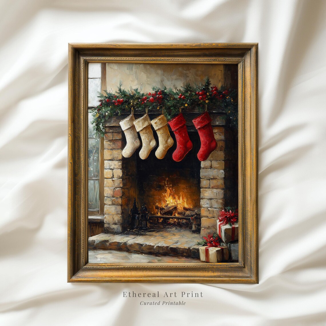 Christmas Stockings Hanging Over Cozy Fireplace Oil Painting Poster