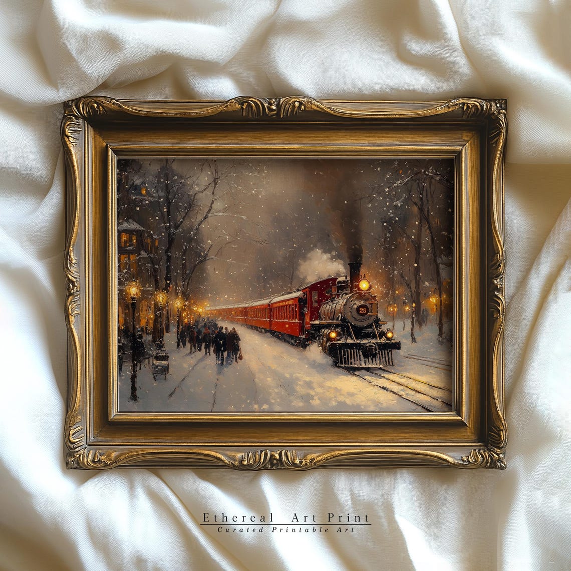 Steam Train Snowy Street Station Lamplight Winter Evening Print - Image 3
