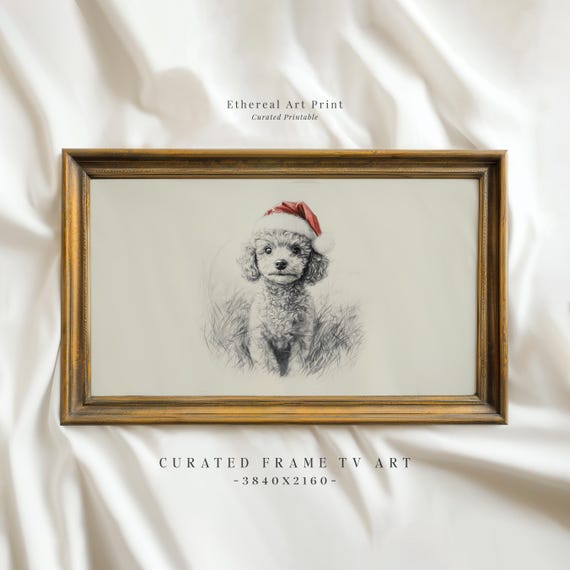 Vintage Poodle With Santa Hat Sketch Frame Tv Art Neutral Christmas Nursery Holiday Decor Winter Frame Tv Cute Baby Dog Drawing