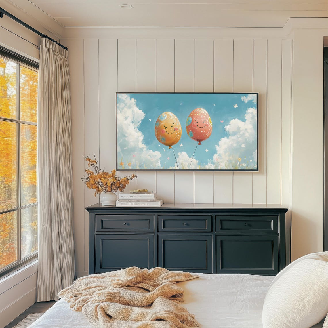 Smiling Easter Egg Balloons Floating In Bright Blue Sky Wall Art - Image 4