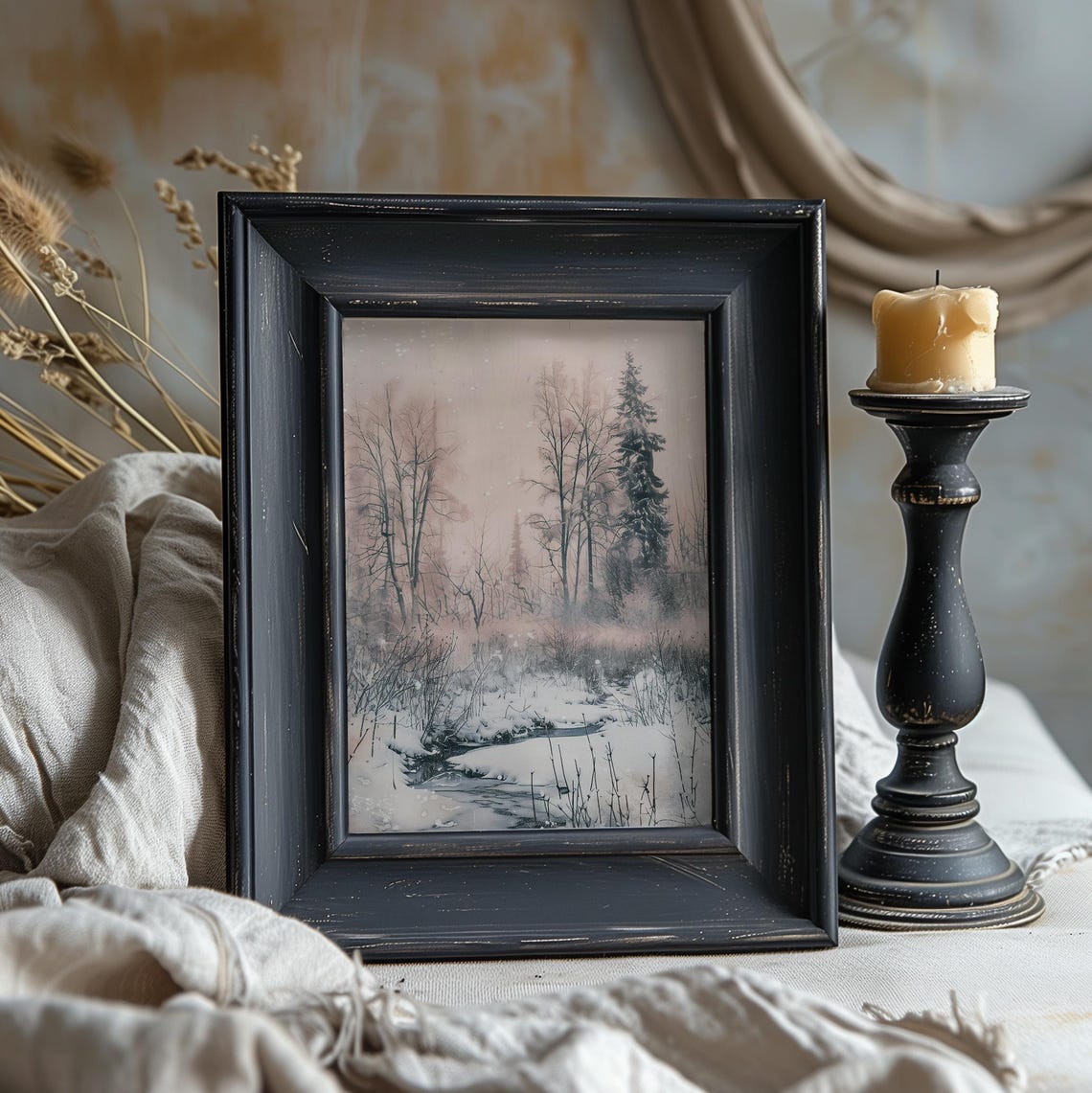 Blush Pink Winter Landscape Frozen Stream Snowy Trees Wall Art - Image 2