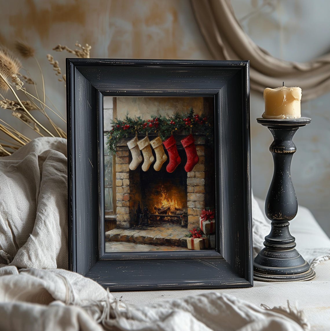 Christmas Stockings Hanging Over Cozy Fireplace Oil Painting Poster - Image 3