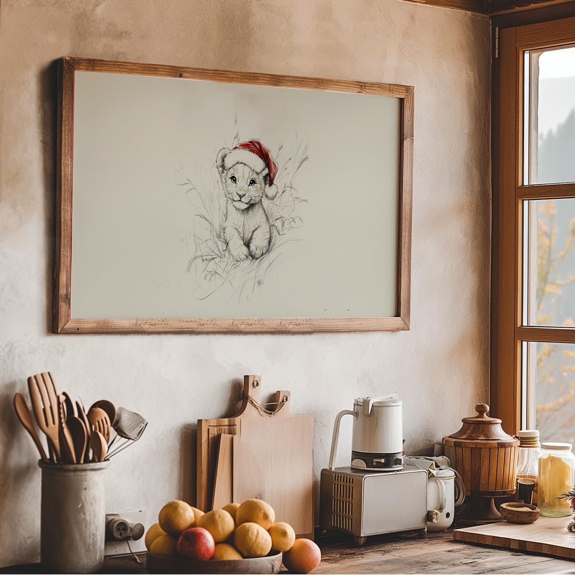 Baby Lion Cub Santa Hat Sketch Grass Nursery Christmas Winter Wall Art - Image 3