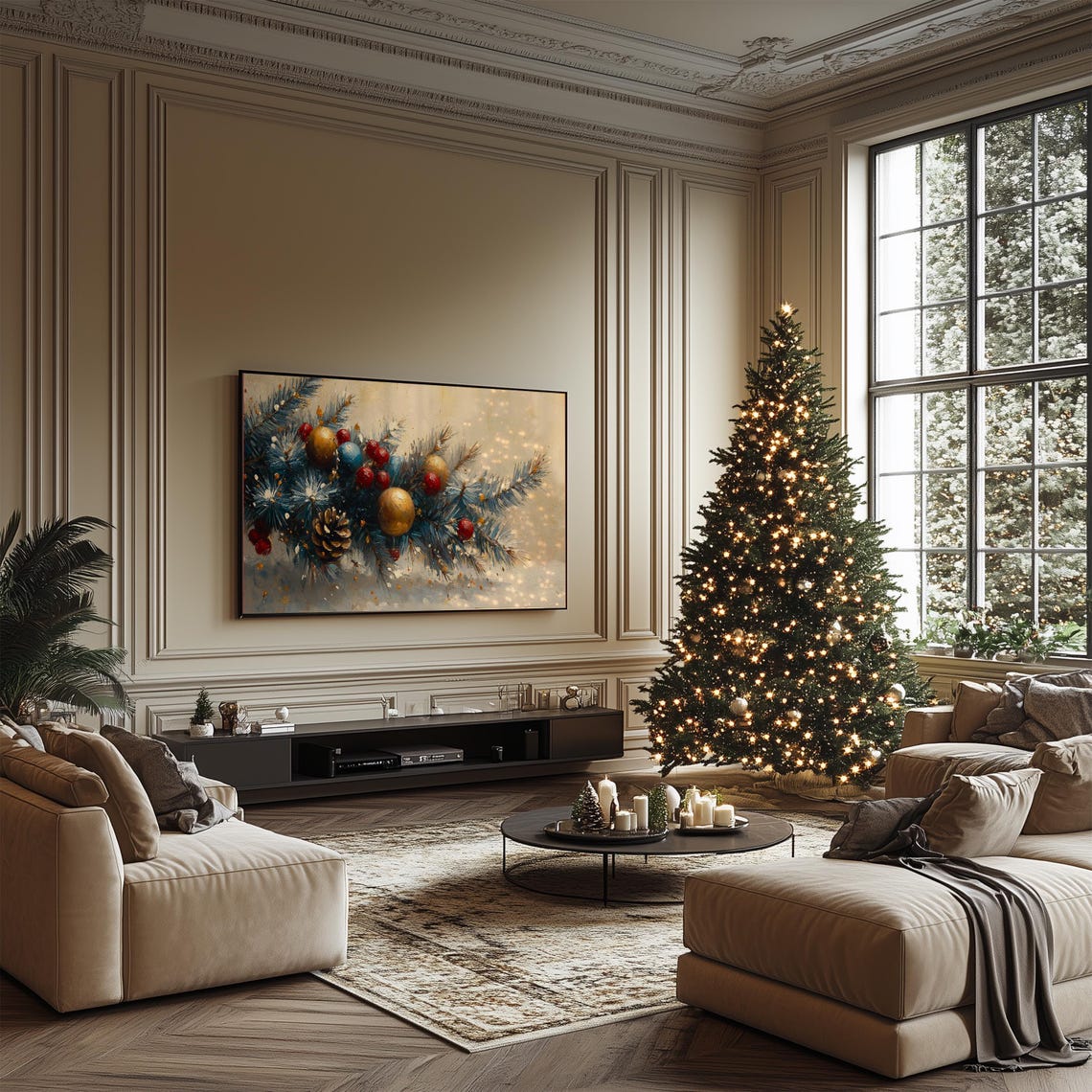 Snowy Pine Branch Ornaments Berries Festive Painting Wall Art - Image 4