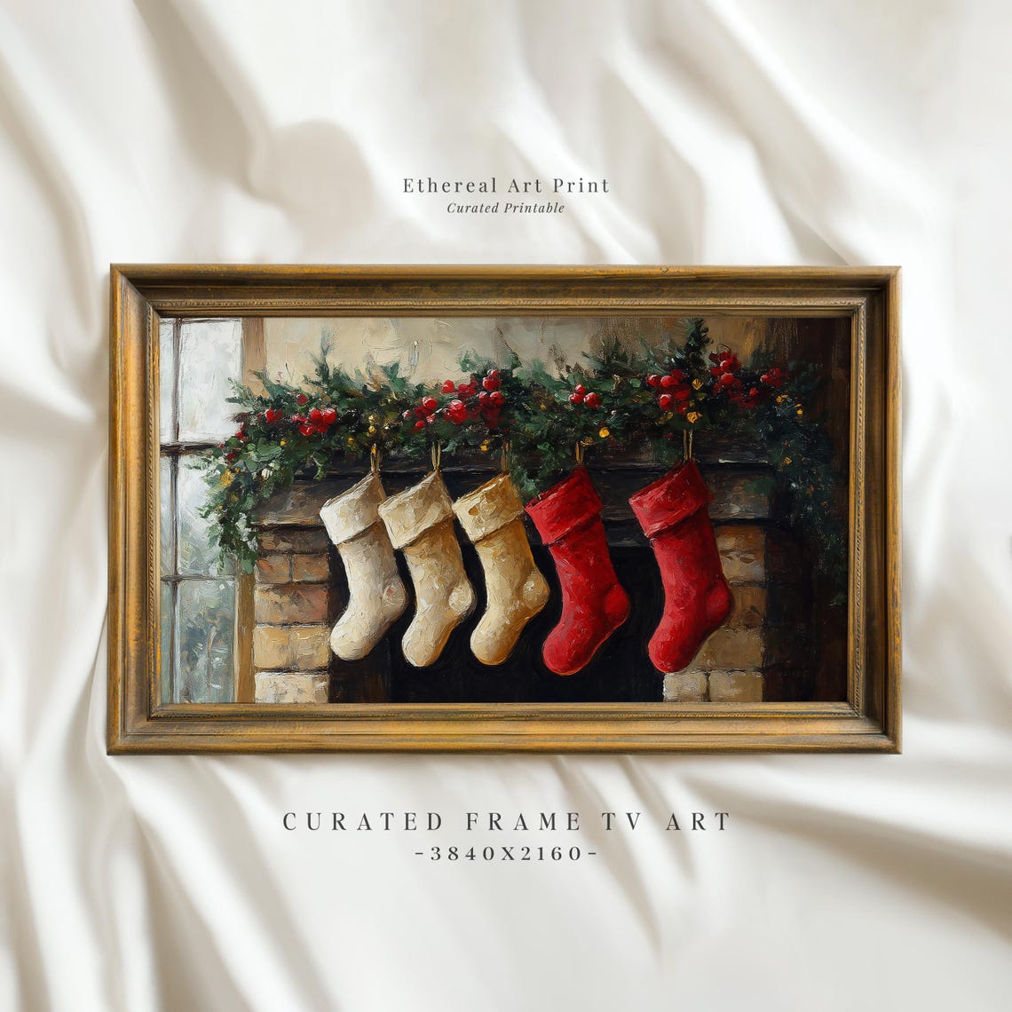 Christmas Stockings On Fireplace Mantel Garland Painting Wall Art
