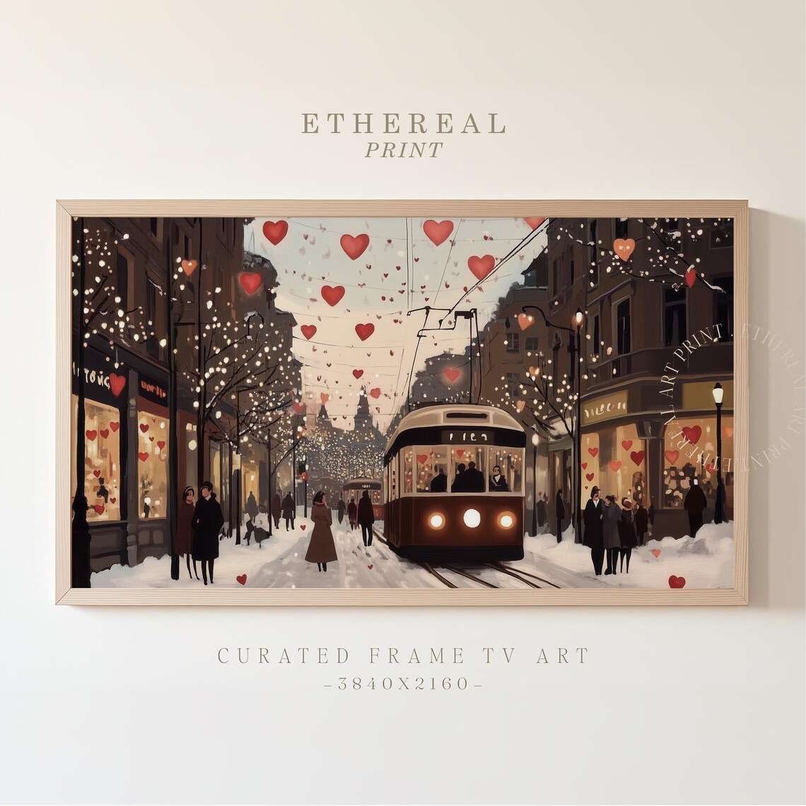 Snowy Evening Street Tram With Heart Garlands And Lights Art Print