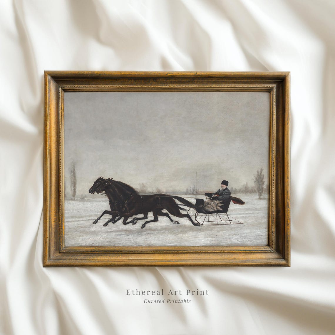Vintage Winter Print Antique Sleigh Ride Painting Christmas Farmhouse Decor Holiday French Country Wall Art