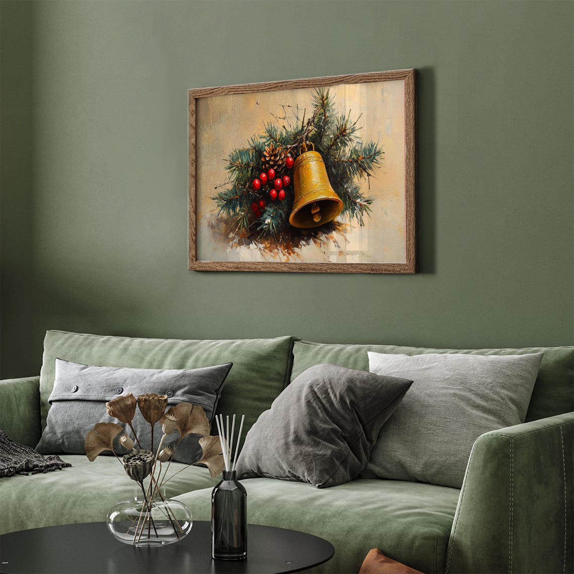 Golden Bell With Pine Branches And Red Berries Christmas Art Print - Image 3