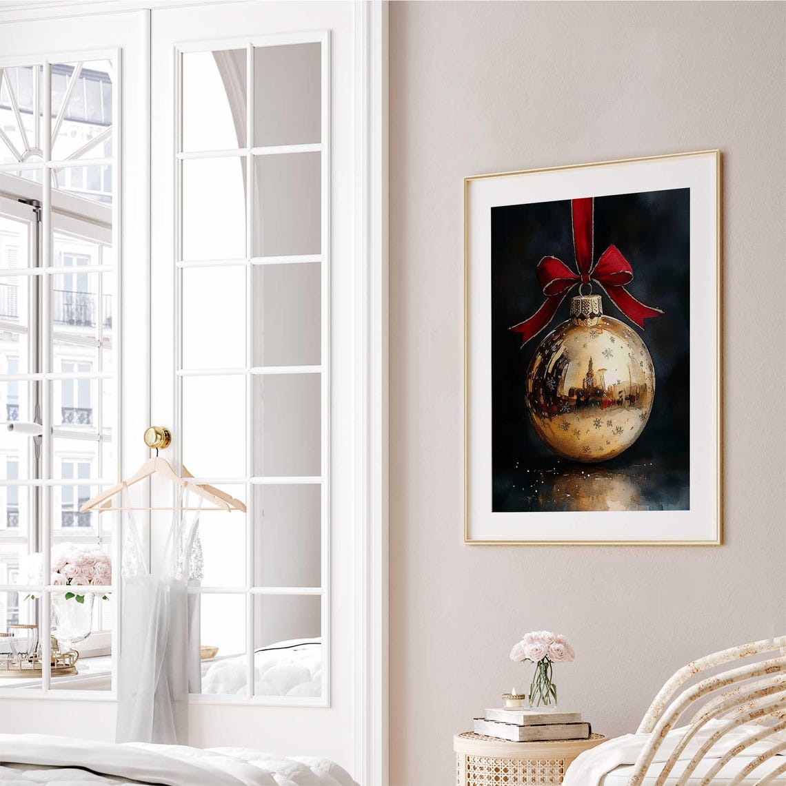 Gold Christmas Ornament With Red Ribbon Festive Ball Painting Print - Image 2