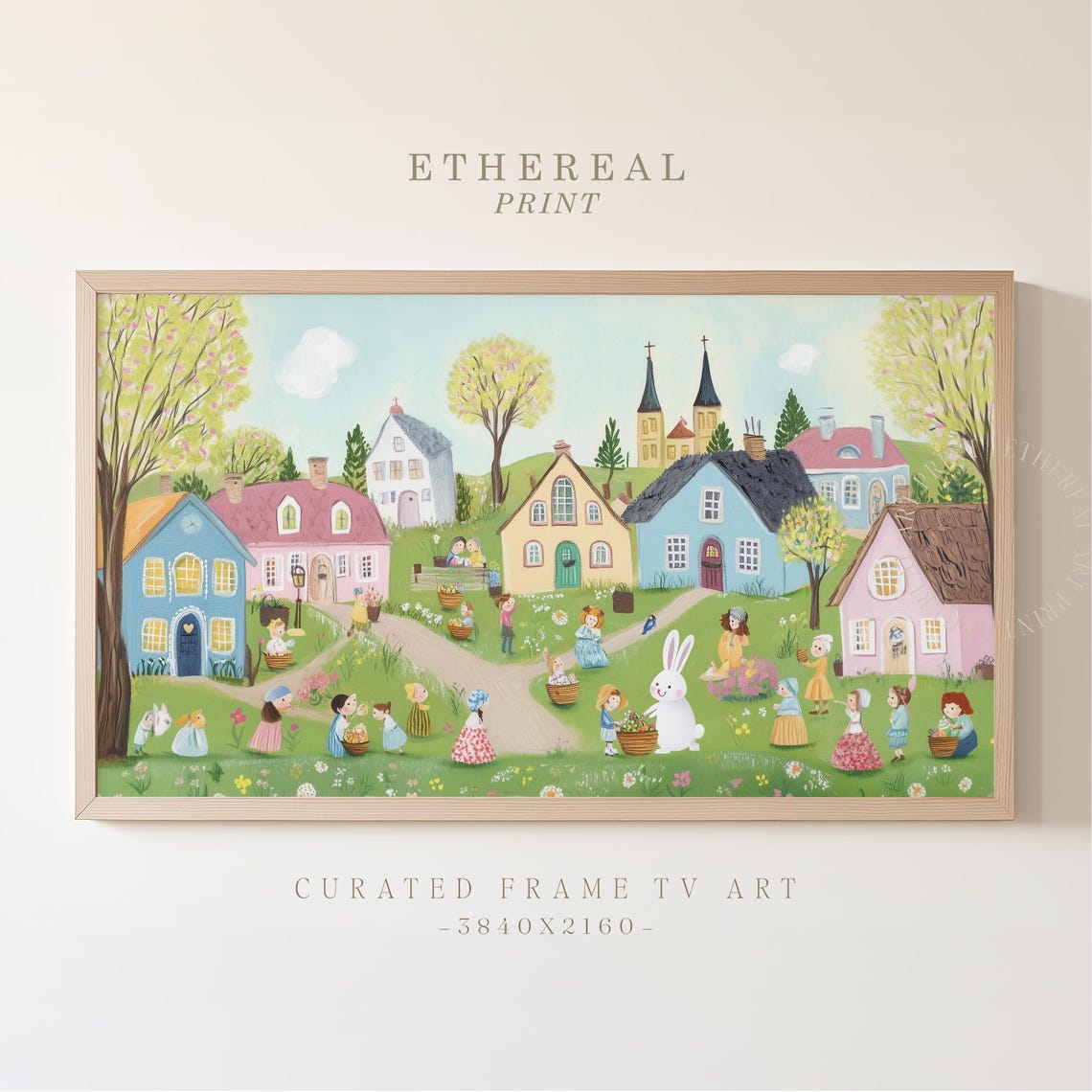 Storybook Easter Village Children Bunny Spring Celebration Wall Art
